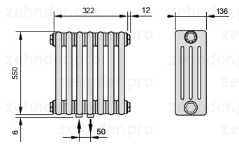 Схема (чертеж) Радиатор Zehnder Charleston 4055/7 №3470 Белый глянцевый RAL 9016